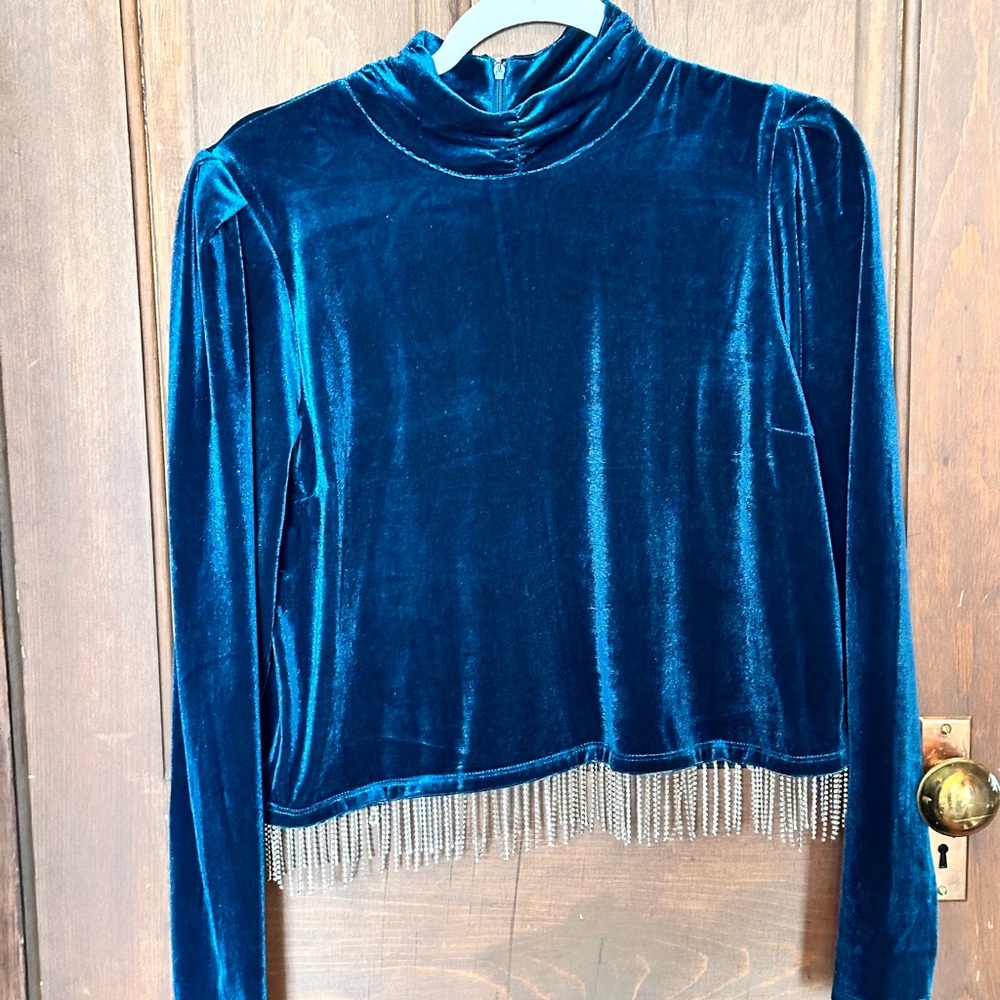 Joie Green Velvet Crop Top with Jeweled Fringe Hem